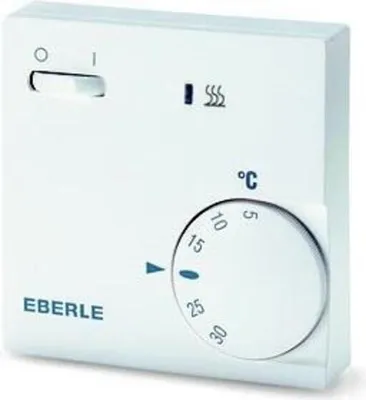 A white thermostat with a dial and markings for temperature settings.