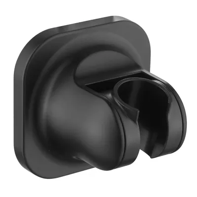 A black plastic shower head holder is shown against a white background.