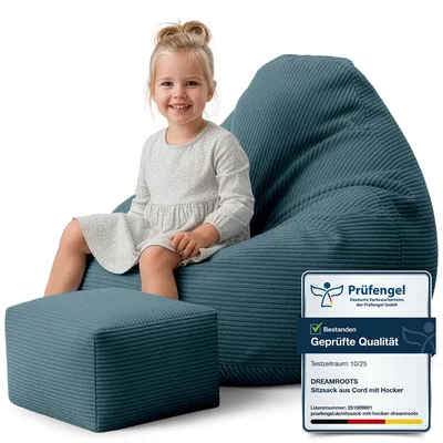 Immagine prodotto di Dreamroots Bean Bag 70x70x70 cm per bambini con schienale e sgabello e copertura cuscino da pavimento borsa a fagiolo con imbottitura, Ocean Depths