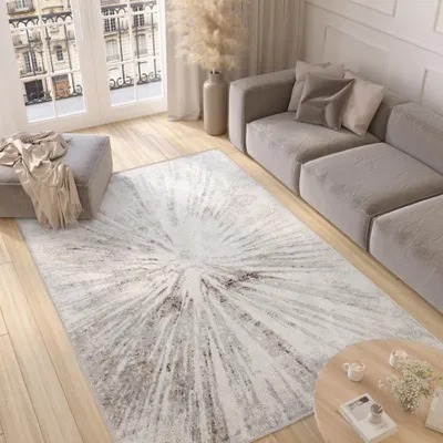 A modern living room with a large rug, sofa, and ottoman.