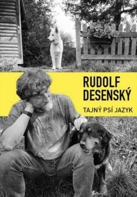 A man and two dogs are in an outdoor setting, with text overlay.