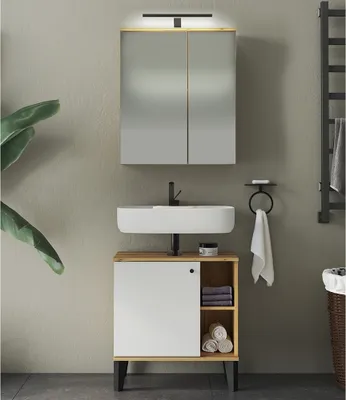 Produktbild von Waschplatz-Set 2-teilig mit Waschbeckenunterschrank 60 cm, LED-Spiegelschrank, in Eiche mit weiß OLEAN-61