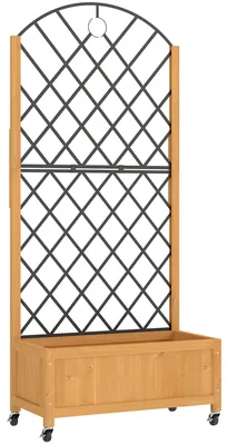 Produktbild von Hochbeet mit Metallgitter, Holz-Pflanzkasten mit Rädern, Outdoor-Pflanzkasten, Braun