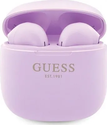 A pair of purple wireless earbuds in their charging case.