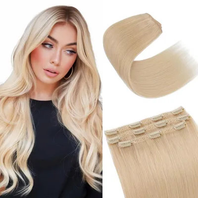 Productafbeelding van Haarverlengingen, echt haar, platina blond, 55 cm, 86 gram, glad, 3 stuks