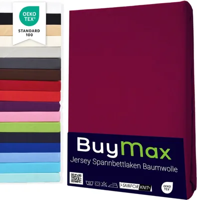 Produktbild von Buymax Topper Spannbettlaken Jersey Spannbetttuch 100% Baumwolle Bettlaken bis 12 cm Matratzenhöhe, 200x200 cm, Bordeaux