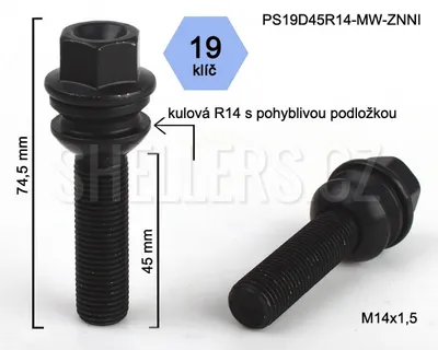 Obrázok produktu pre Skrutka kolesa M14x1,5x45 guľa R14 pohyblivá, čierna, kľúč 19, výška 74,5