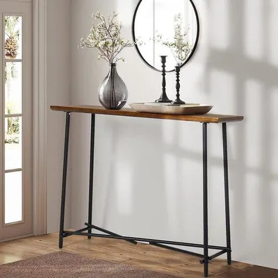 Produktbild von Unyqoos® Vintage Konsolentisch aus Kiefernholz mit Eisen-Gestell, Schwarz-Walnuss Finish, schlanke Flurkonsole 100 × 76 × 30 cm