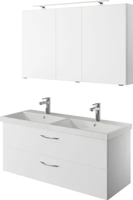 Produktbild von Doppelwaschplatz Set in weiß Glanz mit Spiegelschrank und LED Beleuchtung VILLATORO-66, B/H/T ca. 120/200/45 cm