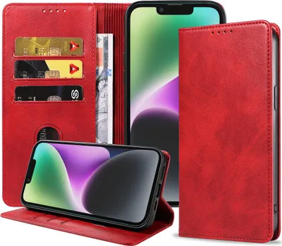 Produktbild von Smartphonica iPhone 14 Kunstledertasche  mit Magnetverschluss und Kartenhaltern Buchhülle - Rot