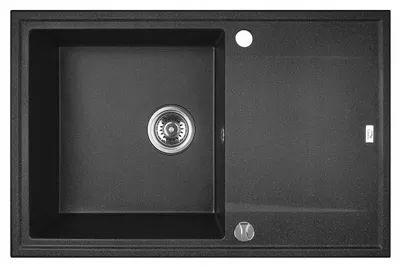 A top-down view of a black granite kitchen sink with a drainboard.