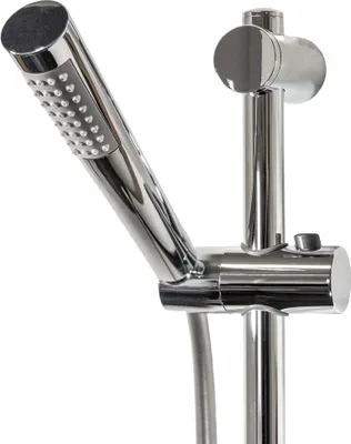 A close-up shot of a chrome shower head and rail.