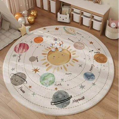 Produktbild von Sonnensystem-Teppich für Kinder, pädagogischer Lernteppich, lustiger Teppich für Spielzimmer und Kinderzimmer (120 cm rund)