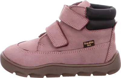 A side view of a pink child's boot with black accents.