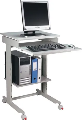 A computer desk with a monitor, keyboard, mouse, and computer tower on a white background.