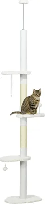 A white cat tree with a tabby cat sitting on one of the platforms, isolated on a white background.