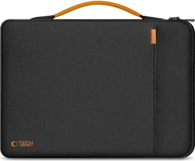 A black laptop sleeve with an orange handle and accent.