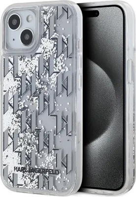 Zdjęcie produktu dla Etui na tył telefonu iPhone 14 i 13 projektu Karla Lagerfelda – płynny brokat – gradient z monogramem – białe