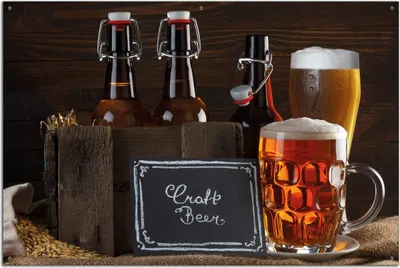 Produktbild von Wallario Outdoor-Poster für Garten oder Balkon, Motiv Biervarianten - Pils im Glas  Flaschenbier  Schild Craft Beer, in ca. 61 x 91,50 cm