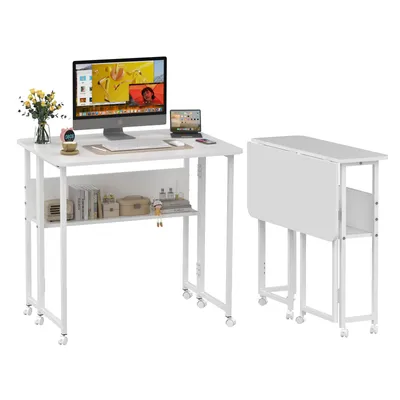 Produktbild von Kleiner Schreibtisch Klappbar, Computertisch mit Rollen,Arbeitstisch mit Regal,Platzsparend Multifunktional Homeoffice Büro 80x58x75cm Weiß