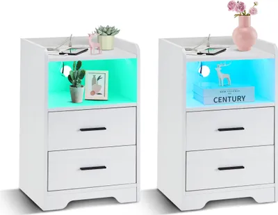 Image de CLIPOP Table de nuit 2 pièces avec station de recharge, Table de nuit LED moderne, pour chambre à coucher, blanc