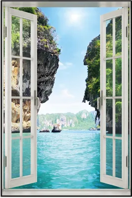Produktbild von Wallario Wandbild mit Fenster-Illusion: Felsenschlucht am Meer in Thailand, Größe: 61 x 91,5 cm, Poster mit schwarzem Aluminiumrahmen