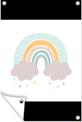 Produktbild von MuchoWow® 80x120 cm Outdoor-Poster Gartendeko Sichtschutz Garten Poster für den Garten  Regenbogen - Wolken - Regen - Kinder - Pastell
