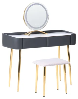Produktbild von BELIANI Schminktisch Grau und Gold MDF-Platte mit Metallbeinen Rundem LED-Spiegel 2 Schubladen Hocker Glamour für Erwachsene Schlafzimmer Jugendzimmer