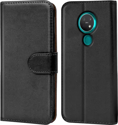 A black flip case for a smartphone is shown from two angles.
