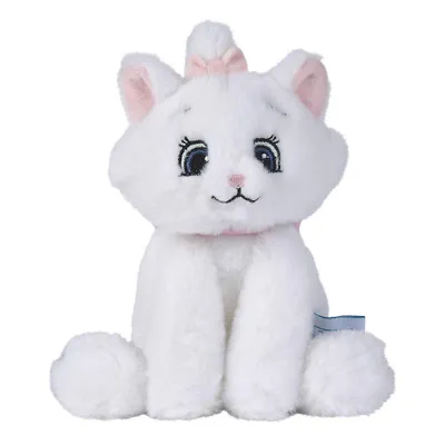 A white plush cat toy with a pink bow on its head and a pink collar.