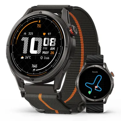 A smartwatch and a smaller, secondary smartwatch are displayed against a white background. The main smartwatch has a black strap with orange accents and a dark gray casing. Its screen displays the time, date, temperature, step count, and battery percentage