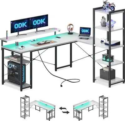 Obrázok produktu pre Rohový písací stôl ODK s policou a stojanom na monitor biely 140 × 137 cm