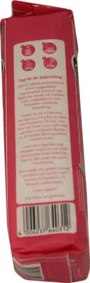 The image shows the side of a pink rice package with text and icons.