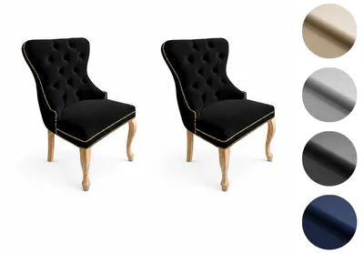 Zdjęcie produktu dla Krzesło Chesterfield Madame 2 (2 sztuki) - krzesło tapicerowane w stylu glamour, czarny welur, drewniane nogi w wykończeniu jasny rustikal
