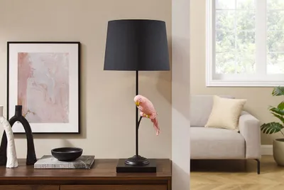 Zdjęcie produktu dla Lampa stołowa riess-ambiente WILDLIFE, 75 cm, czarno-terakotowa, z figurką papugi, oprawa E27
