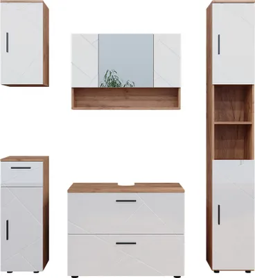 Obrázok produktu pre Zostava kúpeľňového nábytku Vicco Irma Biely vysoký lesk/dub Goldkraft 5 dielov, Model 40550