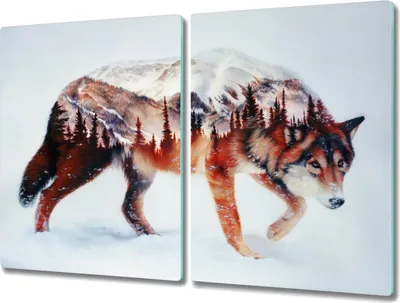 Produktbild von Coloray Hackbrett Herdabdeckplatte 2x40x52 cm Küchenbrett Kochplattenabdeckung Schneidebrett - Wolf Winterwald