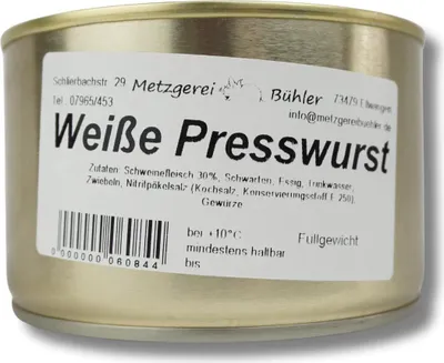 Produktbild von Weiße Presswurst Dosenwurst Wurstkonserve | Landmetzgerei Bühler – 400g