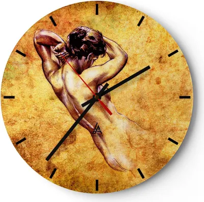 Produktbild von Wanduhr - Rund - Glasuhr - Weibliches Modell Körper posiert - 30x30cm - Schleichendes Uhrwerk - Lautlos - zum Aufhängen bereit - Dekoration Modern - Wanddekoration aus Glas - C3AR30x30-0520