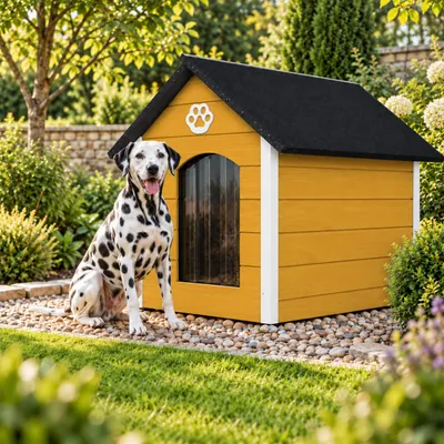Produktbild von QLS Hundehütte 104x74 cm Größe XL isoliert aus Holz für draußen Honig-Weiß 9072, KI-generiertes Bild