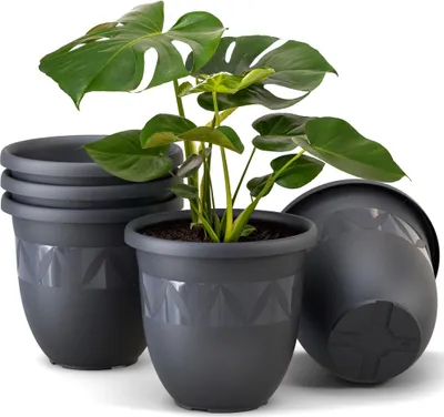 A set of dark gray planters with a monstera plant in one of them, set against a white background.