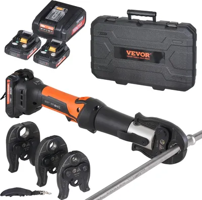 Produktbild von VEVOR Presswerkzeug und Akku-Set, Pro Presswerkzeug, elektrisches Rohrcrimpwerkzeug mit V15-, V22-, V28-Backen, Presswerkzeug-Set mit 2 Stück 18-V-2,0-Ah-Akkus, Schnellladegerät und Tragetasche