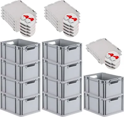 Produktbild von SuperSparSet 10x Eurobox NextGen Grip mit Scharnierdeckel und roten Schiebeschnappverschlüssen | HxBxT 22x30x40cm | 20 Liter | Grau | Griffe offen | Glatter Boden | Eurobehälter, Transportbox, Transportbehälter, Stapelbehälter