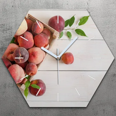 Produktbild von Uhr hexagonal 40 cm Glas Geräuschlos weiße Zeiger - Früchte auf Holz