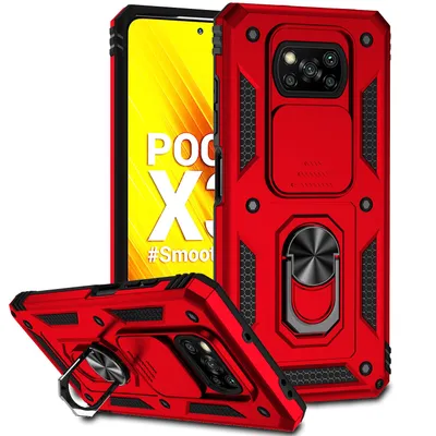 Immagine prodotto di Xiaomi Poco X3 NFC / X3 Pro custodia a doppio strato con copertura scorrevole della fotocamera e supporto ad anello rosso