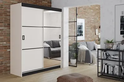 Produktbild von FurMeb24 Schiebetrenschrank RETRO 3-138x200cm Kleiderschrank mit Spiegel, 2-triger Schiebeschrank (Weiss / Weiss + Spiegel und schwarze Beschl€ge)