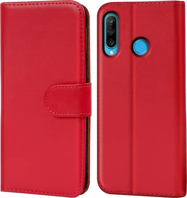 A red flip case for a Huawei P30 Lite phone is shown.