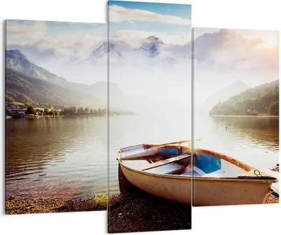 Produktbild von Bild auf Leinwand - Leinwandbild - Berge See Boot - 130x100cm - Wand Bild - Wanddeko - Wandbilder - Leinwanddruck - Bilder - Kunstdruck - Wanddekoration - Leinwand bilder - Wandkunst - CB130x100-3927