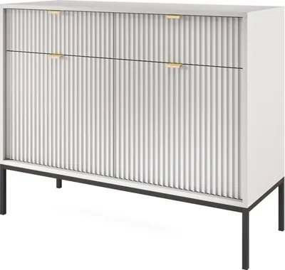 Produktbild von Kommode Zweitürige 100 cm Galla - Sideboard mit Schubladen - Beinen, geriffelten Fronten & goldene Griffe (Grau + Schwarz)