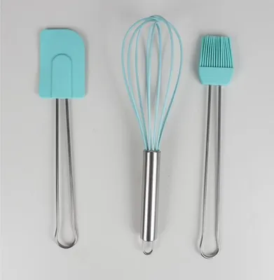 Produktbild von 6x 4-teiliges Backhelfer-Set Silikon Edelstahlgriff Becher Pinsel Schneebesen